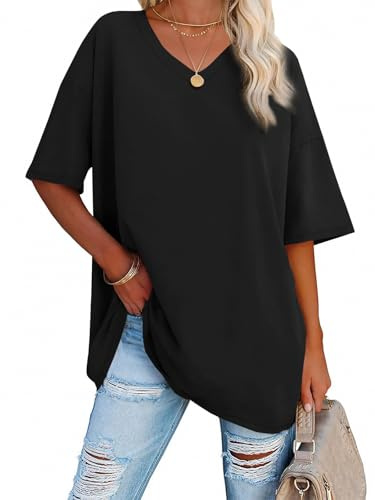 iudam oversize t-shirt damer med V-ringning sommar lång skjorta kortärmad överdimensionerad topp lös sport toppar casual t-shirts skjortor blusar