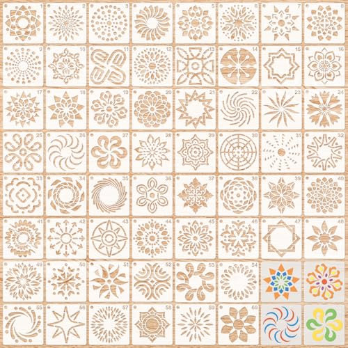 MWOOT 60 Stück Mandala Schablonen, Wiederverwendbare Malvorlagen Kits, Blumendesigns für DIY, geeignet zum Bemalen von Steinen, Leinwand, Möbeln und Handwerksprojekten (5x5 CM)