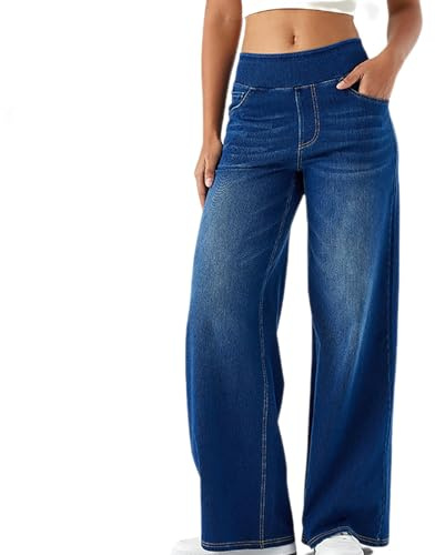 Pantalon Large Femme Fluide ete Pas Cher Jeans Taille Haute Elastique Coupe Droite Jean Femmes Taille Elastique Ultra Confortable Jean Baggy Wide Leg à Jambe Large Coupe Ample Denim Pants