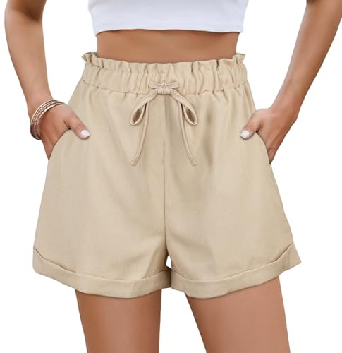 Damshorts, sommarshorts för kvinnor, polyester, kortbyxor med hög midja för kvinnor, med dragsko, fickor, sportbyxor för fritid, resor, strand