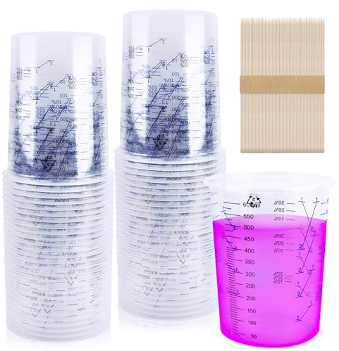 Tasses de Mélange de Peinture Verre Doseur 600ML Kit de 50 Gobelets Doseurs Plastique avec Échelle Clair e Barre d'agitation pour Laboratoire Voiture Artisanat Moulage Peinture Bricolage Résine Époxy