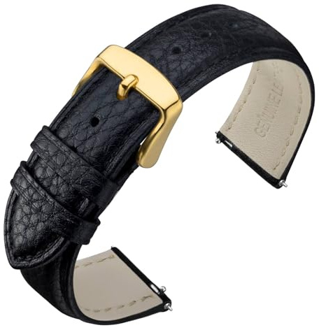 ANNEFIT Leather Watch Straps 17mm, Quick Release Textured Padded Replacement Band with Gold Buckle for Men and Women (Black)