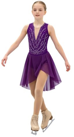 Fille Robe Danse Justaucorps Gym Patinage Artistique Paillettes Jupe Chiffo | Robe danse avec jupe en chiffon justaucorps intégré Strass Pour patinage artistique spectacles 6-16 Ans