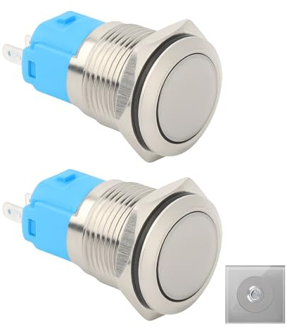 Menibeuty Bouton Poussoir 12v, 2pcs Auto-Verrouillage Boutons-Poussoir Étanche 12mm 1A 12V/24V/110V/220V Acier Inoxydable Bouton-Poussoir on/Off (Tête Haute)