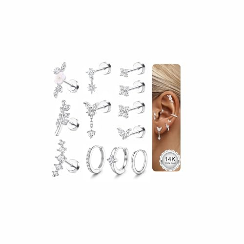 MILACOLATO 12Pcs Helix Piercing Jewellery Surgical Steel Flat Back Earrings Gold Silver Stud Ear Piercing Cartilage Helix Earrings Hoop Hypoallergenic Daith Rook Tragus Conch Piercing Jewellery-AS