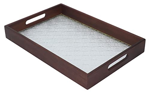 Charola Decorativa de Madera Nogal cm con Base de Cristal Vintage - Bandeja Elegante con Asas para Servir desayunos, Aperitivos y Snacks en hogar y Restaurante