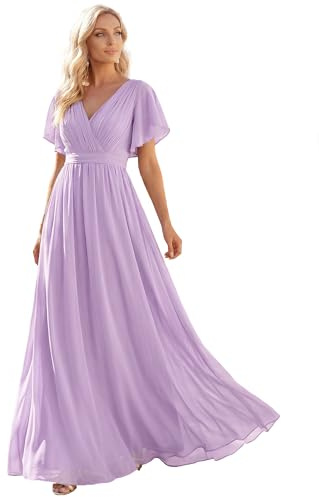 Ever-Pretty Maxi Scollo a V Increspato Busto Chiffon Abito da Sera Formale con Maniche Lilla Satinato 44