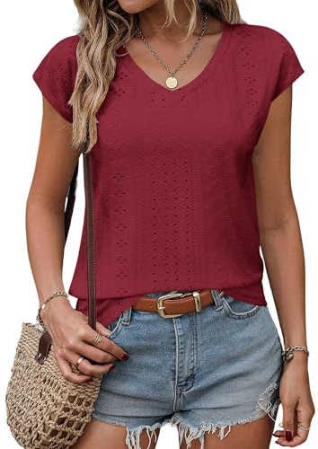 Zeagoo 2025 - Camiseta sin mangas para mujer, cuello en V, con ojales, manga casquillo, ajuste holgado, elegante, casual, para el verano | Camisas básicas ajustadas, blusas con ribete de lechuga, para salir de negocios, elegantes y casuales