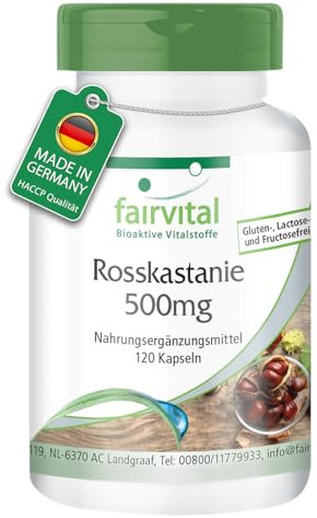 fairvital hästkastanj 500mg, 120 kapslar, Aesculus hippocastanum, kvalitetskontrollerad och högdoserad, 100% vegansk, tillverkad i Tyskland