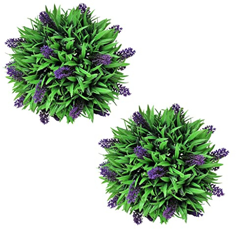 Ziaphsol Sfera di bosso artificiale con decorazione lavanda, diametro 28 cm, set da 2 pezzi, per soggiorno, ufficio, balcone, interni ed esterni, aspetto realistico