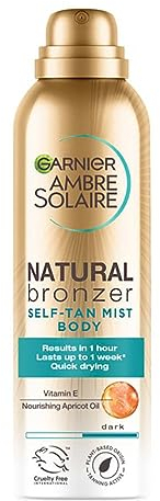 Garnier Ambre Solaire Natural Bronzer Quick Drying Dark Self Tan Body Mist, Intense & Streak Free Fake Tan, Lasts Up to 1 week, Vegan Formula, Radient Glow For All Skin Types, 150ml