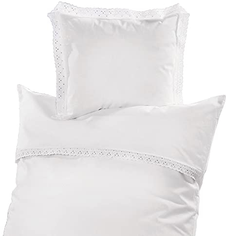 Erwin Müller Baby-Bettwäsche, Bettgarnitur nostalgisch, Uni mit Spitze Linon weiß Größe 35x40 cm / 80x80 cm - pflegeleicht, strapazierfähig, mit praktischem Reißverschluss