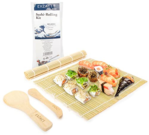 Exzact Bambus Sushi Roll-Kit 4 Teilig - 2 x Matten, 1 x Reis Paddel, 1 x Reis Spreizer, komplett natürlich