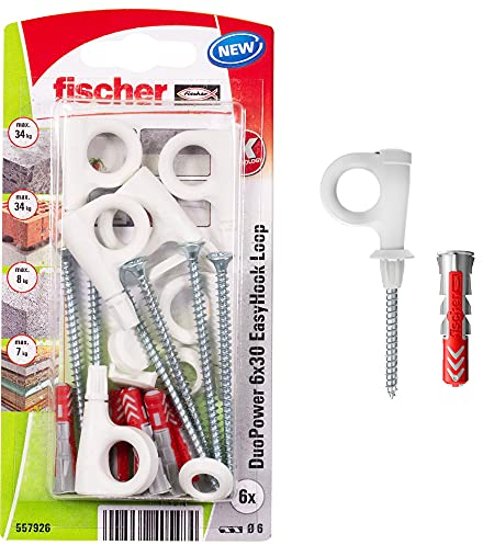 fischer EasyHook Loop K (6), Juego de 6 tornillos y tacos DuoPower 6 x 30, con gancho para tablero aglomerado para instalar fácilmente en numerosos materiales de construcción