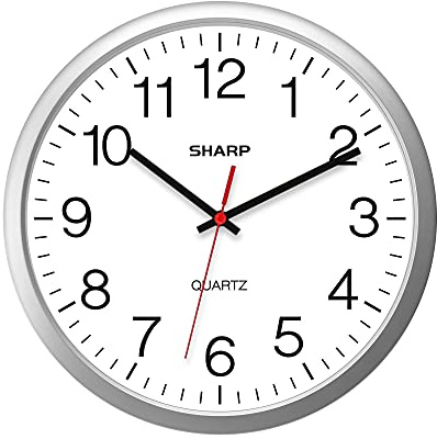 SHARP väggklocka – silver, tyst, tickar inte, 35 cm, kvalitetkvarts, batteridriven, rund lätt att läsa, hem/kök/kontor/klassrum/skolklockor, svepande rörelse