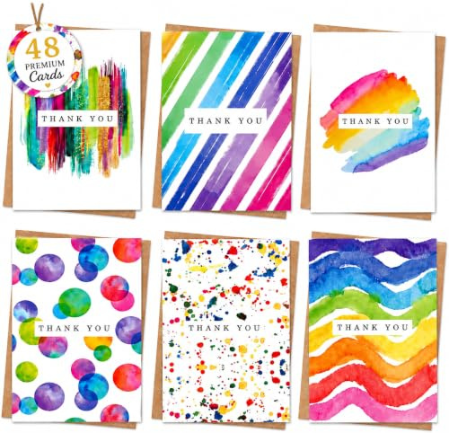 Thank you Cards Multipack of 12/24/48 with Envelopes. 6 Watercolour designs. 10 x 15cm. Blank Inside for Teachers, Weddings, Kids. Made in the UK.