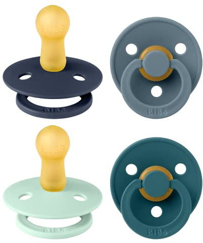 BIBS Dummies Colour 4-Pack, BPA Free Dummy Pacifier, Round Nipple Soothers, Natural Rubber Latex, Made in Denmark. 6-18 Months (Pack of 4), Baby Boy Colours