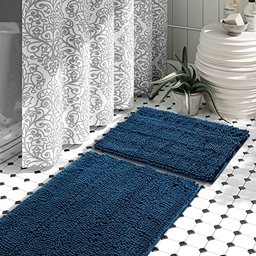 JOTOM Badezimmer Vorleger 2-teiliges Badteppich Set Weich rutschfest Badematten Chenille Saugfähiger Shaggy Badezimmerteppich für Bad, Wanne und Dusche (Navy blau)