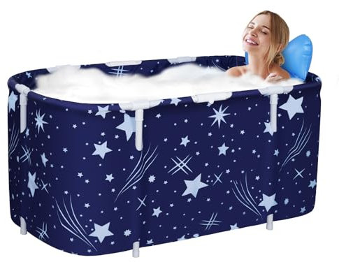Sinbide Baignoire Pliable Adulte, Grand Antidérapant Baignoires Portable Mobile pour Douche, Pliante SPA Baignoire pour Petite Salle de Bain, Trempage Autoportante Baignoire, 125x55x54cm (Bleu 125cm)