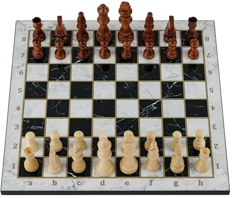 HBS GAMES Vit marmor design klassiskt schackspel i trä 37 cm schack- och dam spel schackbräde i set perfekt familjespel med handgjort högkvalitativt schackbräde