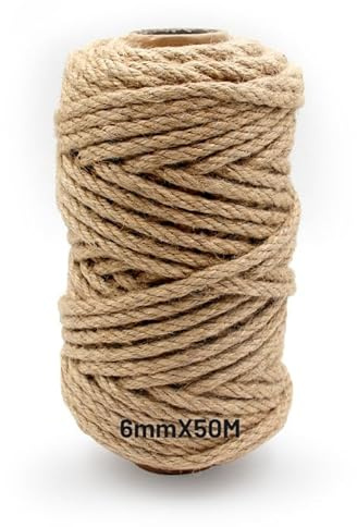 Cuerda de yute de rocío Natural 6 mm de Grosor y 50 m de Largo Cuerda de cáñamo cordón de yute Hilo de macramé Cuerda de Paquete Cuerda de yute Trenzada para jardín Manualidades Embalaje
