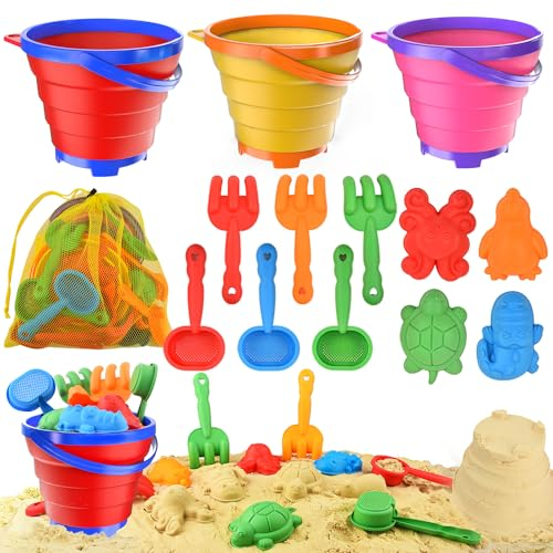 Fegalop 13 Stück Sandspielzeug Set, Reise Sandspielzeug mit 3PCS Faltbarer Eimer Kinder, Sandkasten Strand Spielzeug Sandförmchen, Outdoor Spielzeug für Kinder Jungen Mädchen