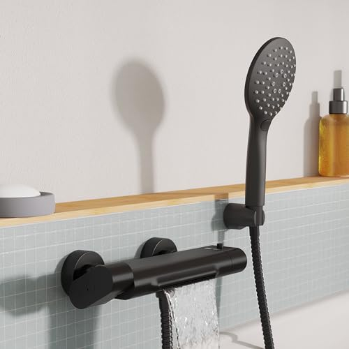 EISL CARNEO Badewannenarmatur mit Handbrause, Komplettset Mischbatterie mit Thermostat und Wasserfall-Auslauf inklusive Handbrause RELAX mit 3 Funktionen, 150cm Brauseschlauch, Schwarz