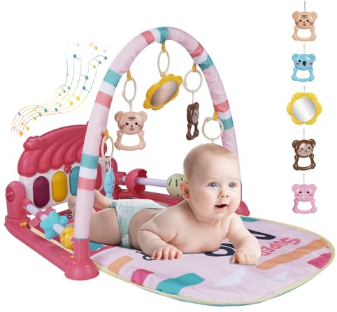 Vinteky 3 in 1 Spieldecke, Erlebnisdecke mit Klavier und Lichtern, Spielmatte mit Spielbogen abnehmbarem Babyspielzeug, von den Ersten Lebenswochen, 0-2 Jahre