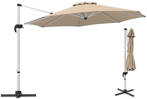 GOPLUS Parasol Déporté 3m Inclinable avec Manivelle, 8 Baleines, Double Auvent, Base Croisée, Rotatif à 360° pour Terrasse Plage Marché, H2,6m (Beige)