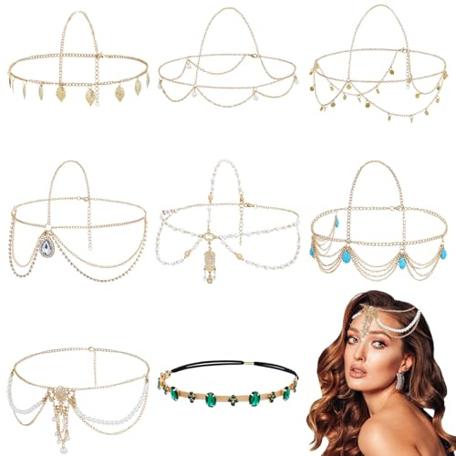 inSowni 8 Pieces Gold Head Chains with Leaf Pearl Gem Rhinestone Festival Prom Wedding Bridal Jewelry Boho Headbands Tassel Forehead Chain Headwear Headpieces for Women Girls