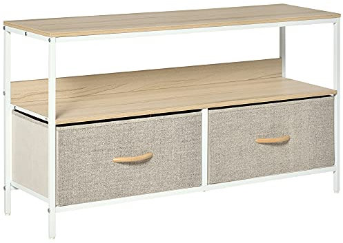HOMCOM Mobile Porta TV da 47 con Cassetti Pieghevoli in Tessuto e Mensola, Mobiletto TV in Metallo e MDF, 98x29x56cm, Colore Legno
