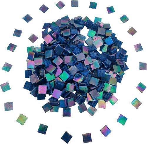 320PCS Square Iridescent Stained Glass Mosaic Tiles, 500g Mosaic Tiles for DIY Crafts, 1.5CM/0.6inch Bright Mosaic Glass Pieces for Art Craft and Home Decorations (Iridescent Deep Blue F736)