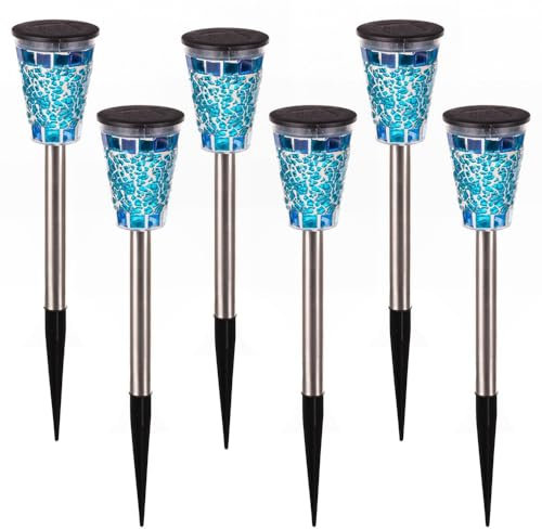 LOLAhome Set de 6 lámparas solares con iluminación LED Mosaico Azul | 29 cm, Color Negro | Panel Solar y bateria autorrecargable | Auto Encendido en la ocuridad | Baliza Solar Exterior Mosaico