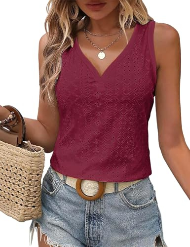 DUOEASE Debardeur Femme Col V 2025 Respirant sans Manches Top Femme Ete Basiqu Haut Femme Sexy Vin-L