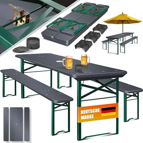 KESSER® Bierzeltgarnitur 3 teilig Gartenmöbel-Set | Klappbar 170 x 46 x 75cm | 2X Bierbänke 1x Biertisch | Festzeltgarnitur Biertisch Stehtisch Sitzgarnitur Holz 12x Bodenschoner & 6x Filz-Untersetzer