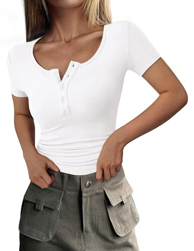 PRETTYGARDEN Womens 2026 Summer Short Sleeve Tops Ribbed Henley Button Slim Fit Basic Casual T Shirts Blouse Fashion Clothing (White,Medium)