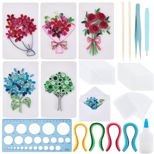 WEBEEDY 20 Set DIY Blumen Quilling Grußkarten Set Papier Quilling Kit Für Erwachsene Anfänger 5 Stile Blumenkarten Bastelset Mit Anleitung Für Hochzeit,Muttertag, Vatertag, Geburtstag