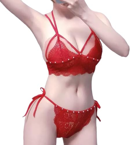 KFLY Sexy Lingerie Sets Floral Bra and Panty Sets 2 Piece Lace Babydoll Low Waist Panties Strappy Underwear Bralette Set (Style 3-Red, One Size)