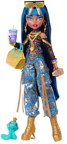 Monster High Doll, Cleo De Nile in Crop Top and Golden Denim Cargo Pants with Pet Snake Hissette and 7 Accessories Like Salad, Smoothie and Purse