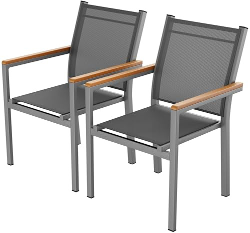 LIFERUN Juego de 2 sillas de jardín de aluminio, sillas apilables de comedor de textileno, pasamanos de WPC, sillas de balcón, para terraza, balcón, piscina, restaurantes, resistentes a la intemperie