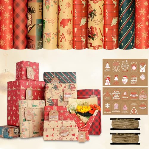 Papel de Regalo Navidad Kraft, Juego de 10 Hojas de 70 cm x 50 cm con 20 Etiquetas para Regalos, 2 Cordeles de Yute, Papel de Regalo Navideño para Mujeres, Hombres, Niñas y Niños.
