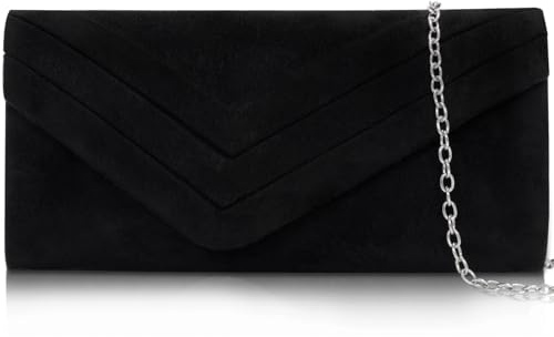 Larcenciel Pochette Donna, Pochette Nera in Pelle Scamosciata con Catena Rimovibile, Elegante Clutch Borsa da Sera a Busta, Minimalista Borsa a Tracolla per Feste, Matrimoni, Prom, 22x11x5CM