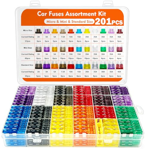Kit de 201Pcs Fusibles Coche, Bst4U 80 Mini Fusibles de Cuchilla + 90 Fusible de Paleta Estánda + 57 Micro Fusible + 1 Extractor para Coche/Caravanas/Furgoneta/Moto(2,3,5,7,5,10,15,20,25,30,35,40A)