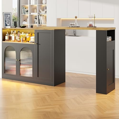ZKLOEP Tavolo da bar girevole a 360° (198 x 39,6 x 97 cm), armadio nero opaco con scrivania in venature di legno, con anta in vetro e luce LED, credenza, armadietto per vino, angolo caffè