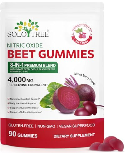 Beet Root Gummies, Daily Supplement with Grape Seed & CoQ10, Vitamin C, B12 & Beet Root Extract, Heart Health, Energy Level Suport, 90 Gummies