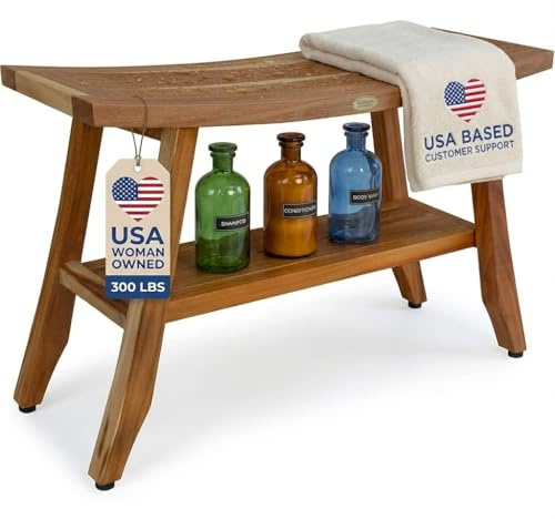 EcoDecors 34 Inch Satori Natural Teak Waterproof Teak Wood Shower Bench Stool Seat Chair For Inside Shower Provides Safety, Storage, and Organization For Bathroom Accessories