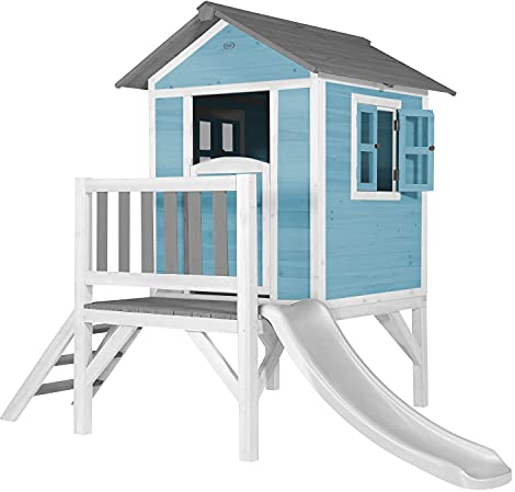 AXI Beach Lodge XL Casetta blu con scivolo bianco | Casa per bambini su palafitte con veranda in legno FSC | Parco giochi per il giardino.