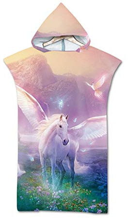 Treer Badeponcho Strand Poncho Strandtücher Handtuch, Poncho mit Kapuze Schnelltrockend 3D Wolf Löwe Bademantel Badetuch Duschtücher Für Umziehhilfe beim Wassersport (75X110cm,Gelber Pegasus)