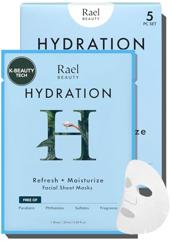Rael Masque Visage Hydratant – Skincare Coréenne, à l’Acide Hyaluronique & Extraits de Fruits, Masque en tissu de bambou, Sans parfum & PEGs, Vegan & Cruelty-Free (5 unités)