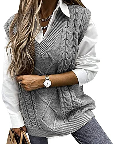 Pull Sans Manche Femme Col V Gilet Maille Tricot Tricoté Pullover Chandail Large Fine Gris M